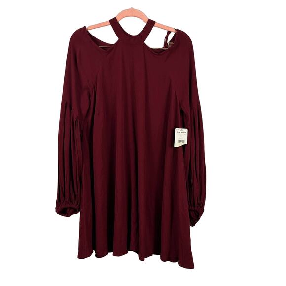 Free People Drift Away Tunic Mini Dress Wine Cold Shoulder Sz S NEW - Picture 2 of 11